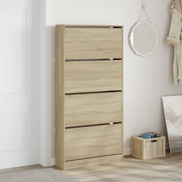 vidaXL skoskab med 4 vippeskuffer 80x21x163,5 cm sonoma-eg