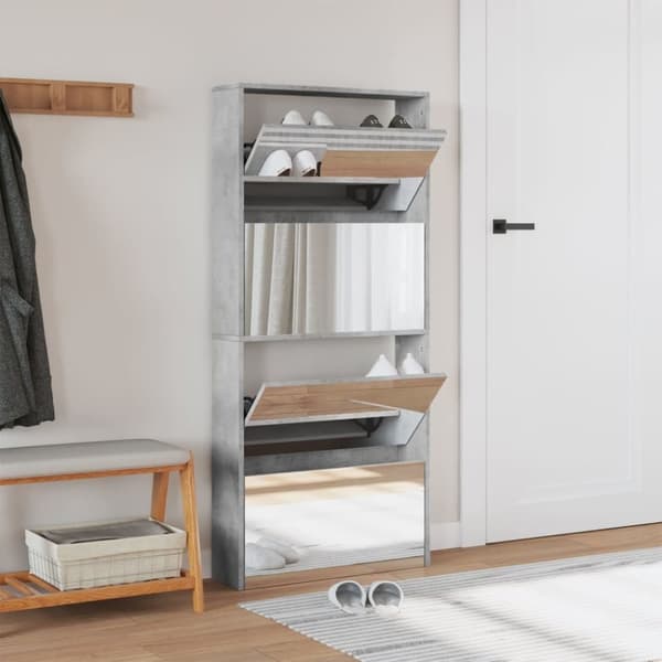 vidaXL Skoskap med speil 4 lag betonggrå 63x17x134 cm