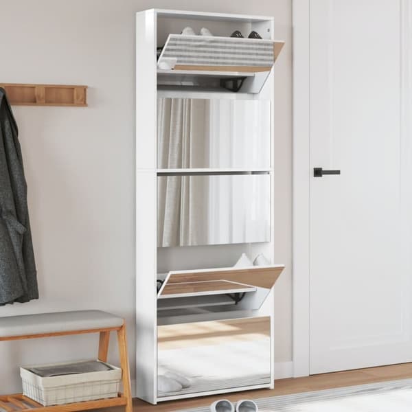 vidaXL skoskab med spejl og 5 hylder 63x17x169,5 cm hvid højglans