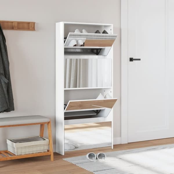 vidaXL skoskab med spejl og 4 hylder 63x17x134 cm hvid højglans