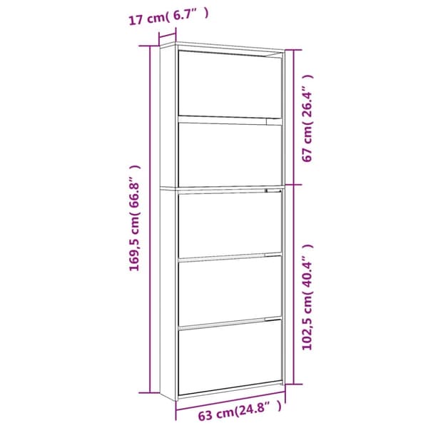vidaXL Kenkäkaappi peilillä 5-kerroksinen betoninharmaa 63x17x169,5 cm
