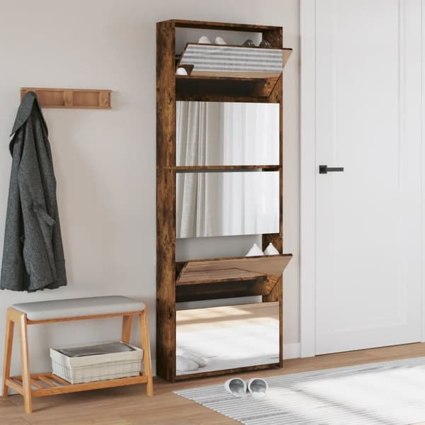 vidaXL skoskab med spejl og 5 hylder 63x17x169,5 cm røget egetræsfarve