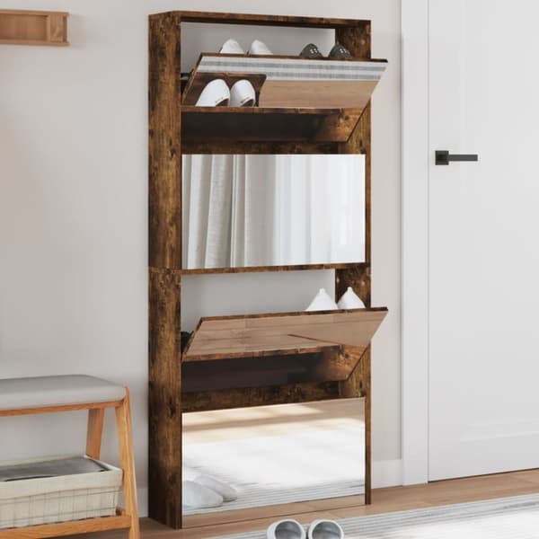 vidaXL Kenkäkaappi peilillä 4 tasoa savutammi 63x17x134 cm