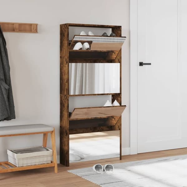 vidaXL Kenkäkaappi peilillä 4 tasoa savutammi 63x17x134 cm