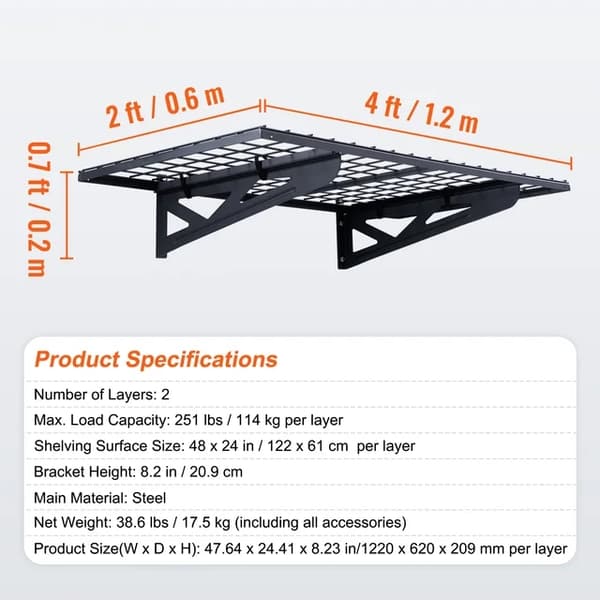 Garageförvaringsställ, väggmonterat, tungt belastat, 36 x 24 tum