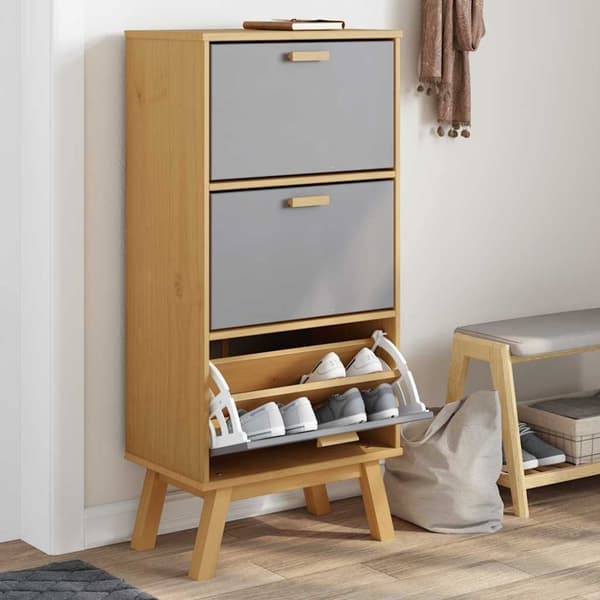 vidaXL skoskab OLDEN 55x35x120 cm massivt fyrretræ grå og brun