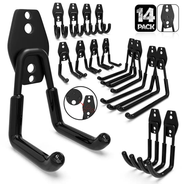 Garage Krog Organizer, Kraftig, Vægmonteret Anti-slip, Sort-14STK