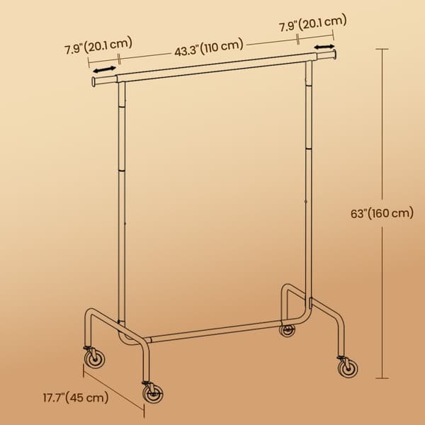 Vaateripustin pyörillä, 45x(110-150)x162.9 cm, mattamusta