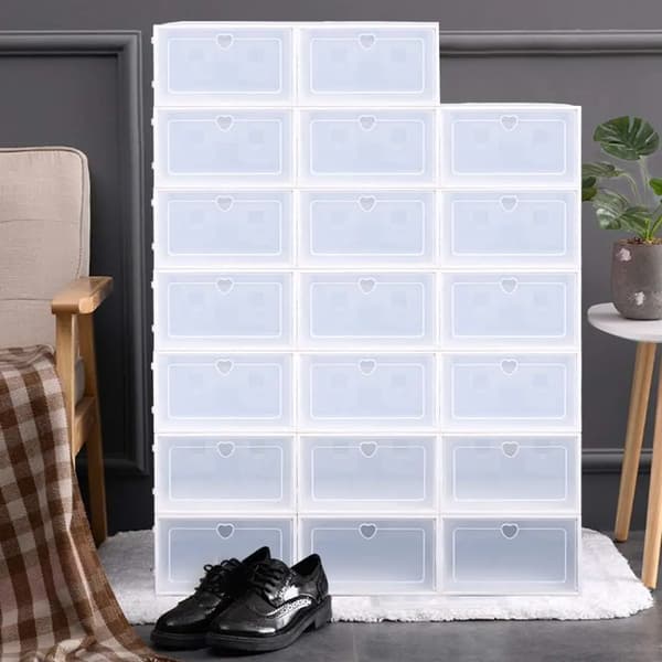 Skoaskar, Paket om 20, Stapelbara Transparenta Plast, Fällbara med Lock,vit