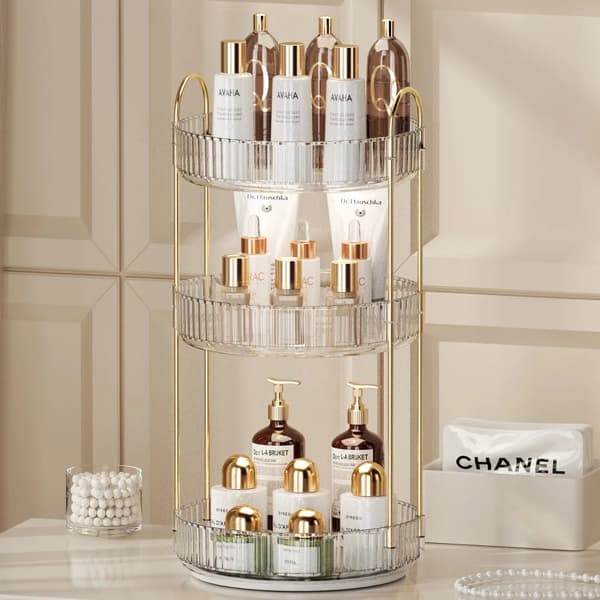 Roterende Makeup Organizer, 3-lags Opbevaring, 360° Rotation, Alsidig Brug,gennemsigtig 3-lags