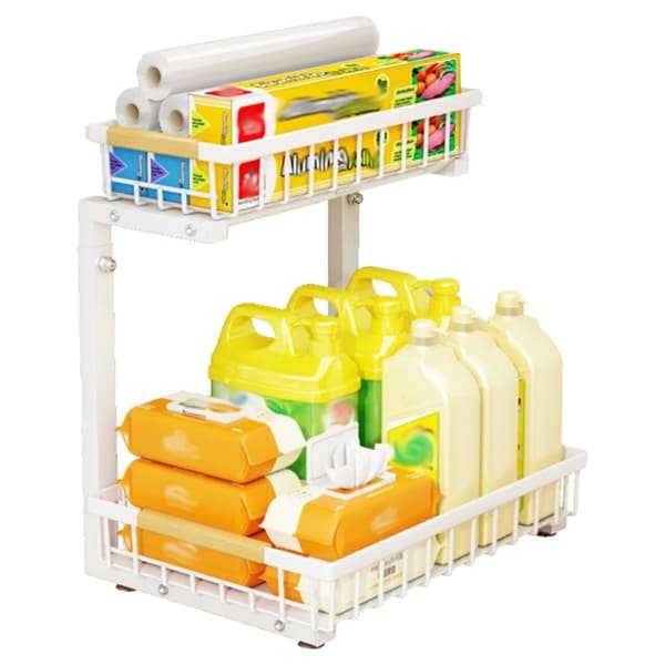 Under Sink Organizer, L-formet design, justerbar højde, glidende kurve,HVID
