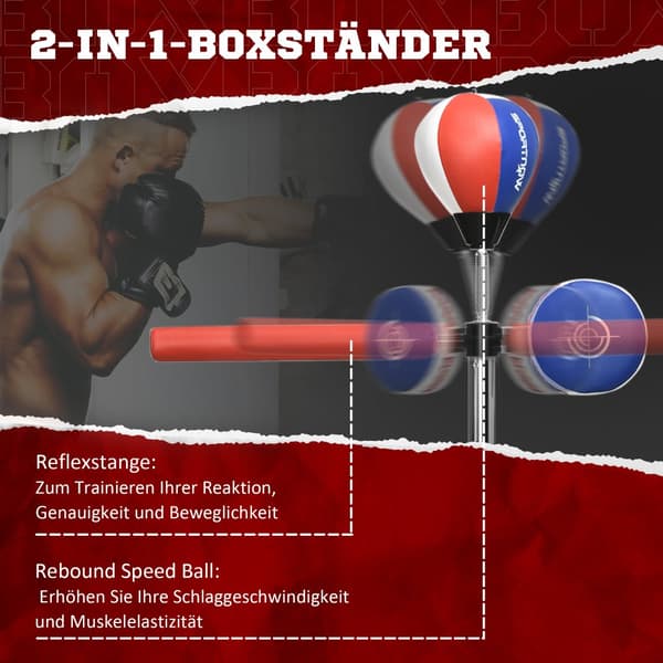 Boksesæk med stativ, 80.5x48x163-205 cm, Sort+Rød+Blå