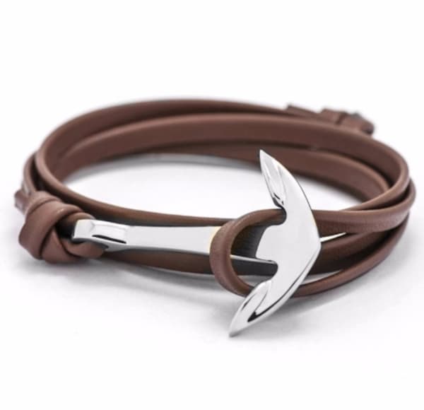Armband brun skinnrem med silvrigt ankare herr dam unisex