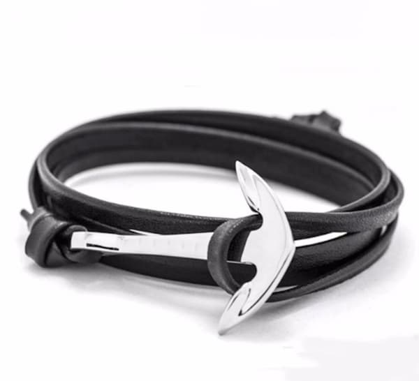 Armband skinnrem svart med silvrigt ankare herr dam unisex