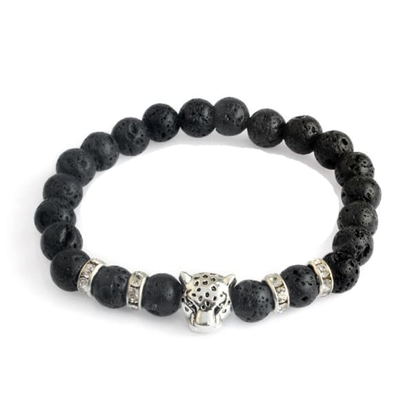 Trendy armbånd mot leopard sølv svart lava steiner
