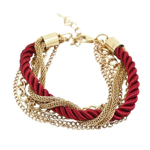 Armband, Tvinnat Rep och Guldfärgade Kedjor - Röd