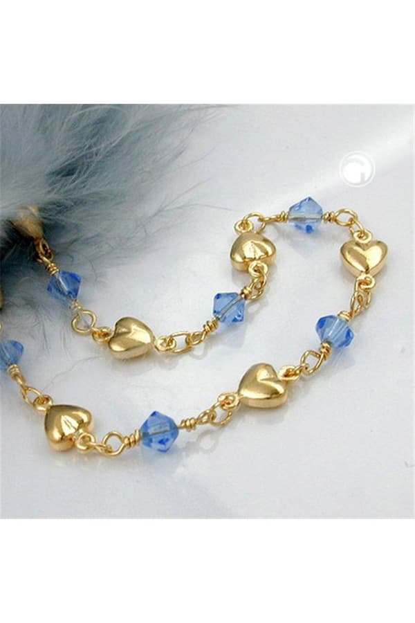 Bracelet 5mm Fantasy Chain With Hearts And Blue Glass Beads Gold-Plated Amd 19cm - GL230036-19