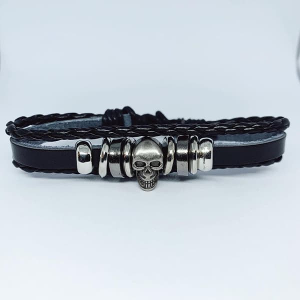 3 stk Håndlavede armbånd i ægte læder sort kranium