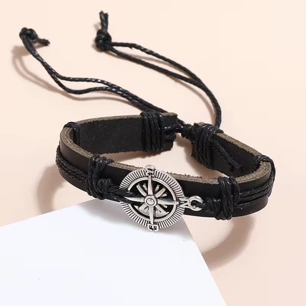 Håndlavet armbånd i ægte læder brunt kompas herre metal