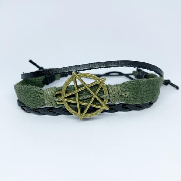 Håndlavet armbåndsgrønt pentagram til mænd i stof og læder