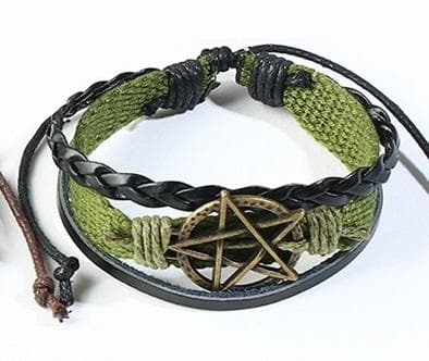 Handgjort armband grönt pentagram för män i tyg och läder