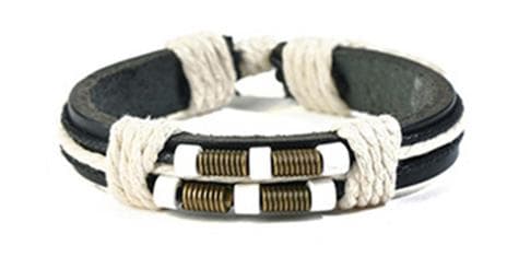 Handgjort armband i svart läder & vitt snöre knut