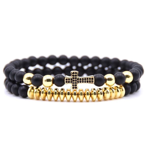 Dobbelt armbånd med sten & guld / sølv kugler og guld kryds unisex