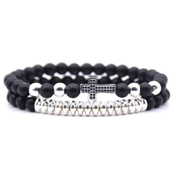 Dobbelt armbånd med sten & guld / sølv kugler og guld kryds unisex