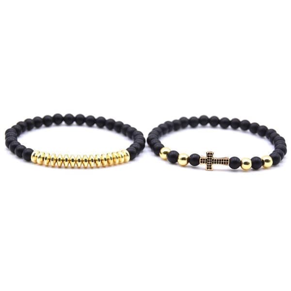 Dobbelt armbånd med sten & guld / sølv kugler og guld kryds unisex