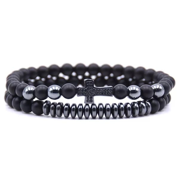 Dobbelt armbånd med sten & guld / sølv kugler og guld kryds unisex