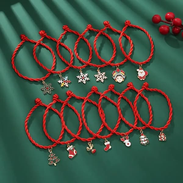 Handmade woven bracelets with Christmas motifs red snow fir