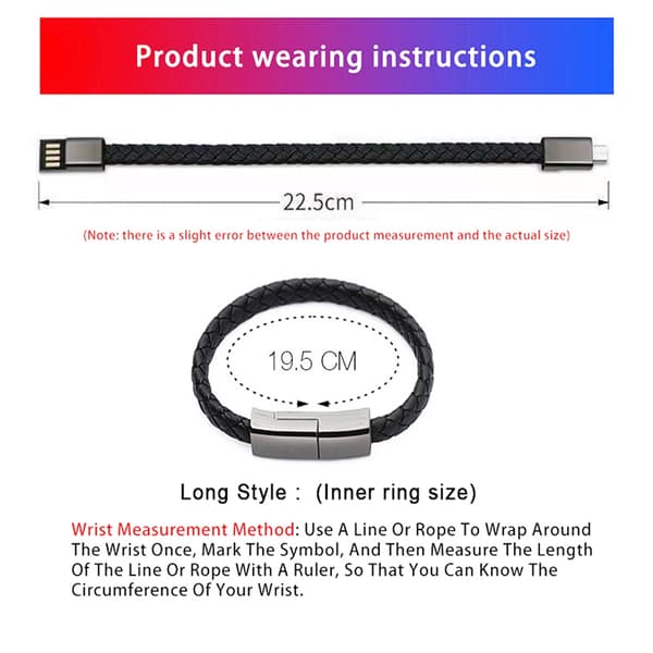 Läderarmband med inbyggd laddare, 3A USB till 8 Pin 22,5 cm