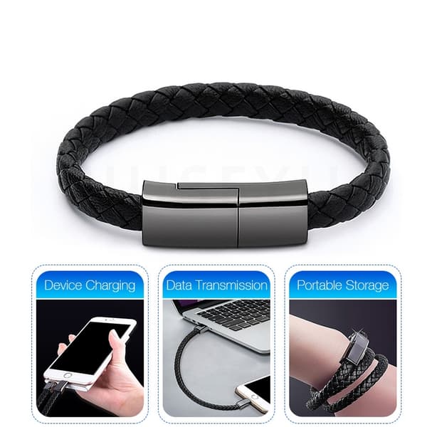 Läderarmband med inbyggd laddare, 3A USB till 8 Pin 22,5 cm