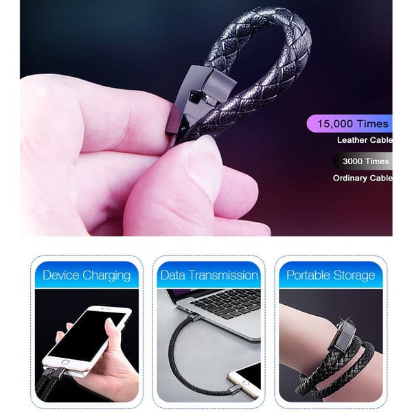 Läderarmband med inbyggd laddare, 3A USB till 8 Pin 22,5 cm