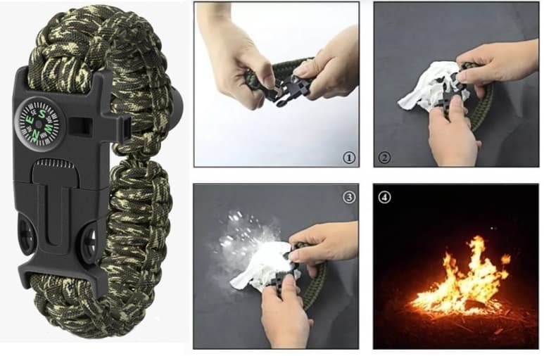 Överlevnadsarmband 4 i 1 (kompass, eldstartare, kniv, visselpipa) Camouflagegrön