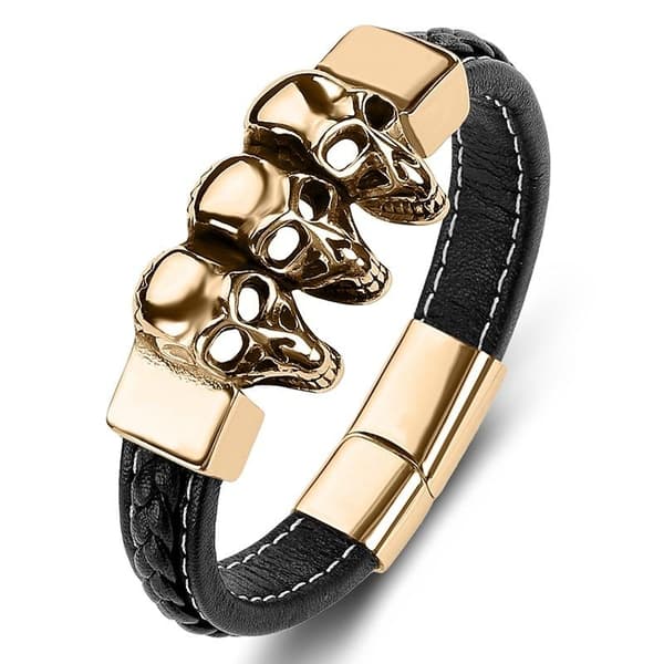 Handmade bracelet in genuine leather with 3 skulls in a row black brown Black