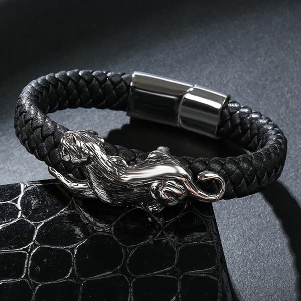 Handmade braided bracelet genuine leather with leopard puma BLUE
