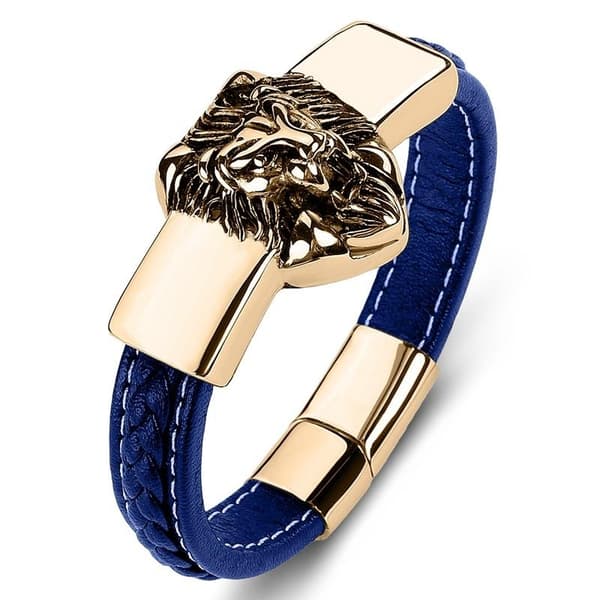 Handmade braided bracelet genuine leather with large lion 18K gold