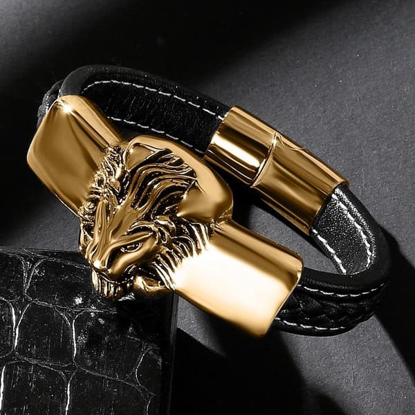 Handmade braided bracelet genuine leather with large lion 18K gold Black