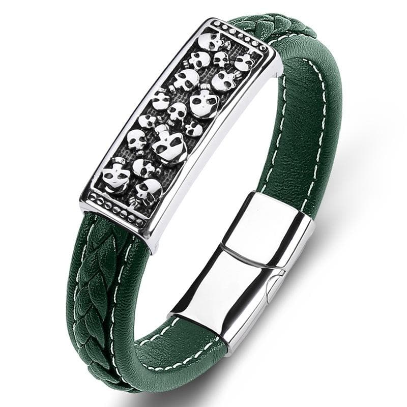 Handgjort flätat armband äkta läder platta m många små döskallar