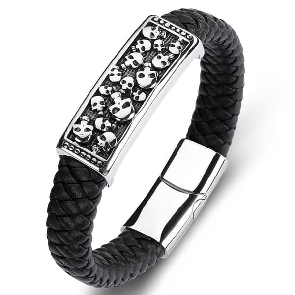 Handmade braided bracelet genuine leather flat with many small skulls Black