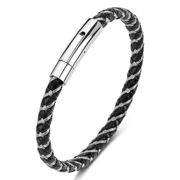 Sort rustfrit stål armbånd med flettet læder og magnet