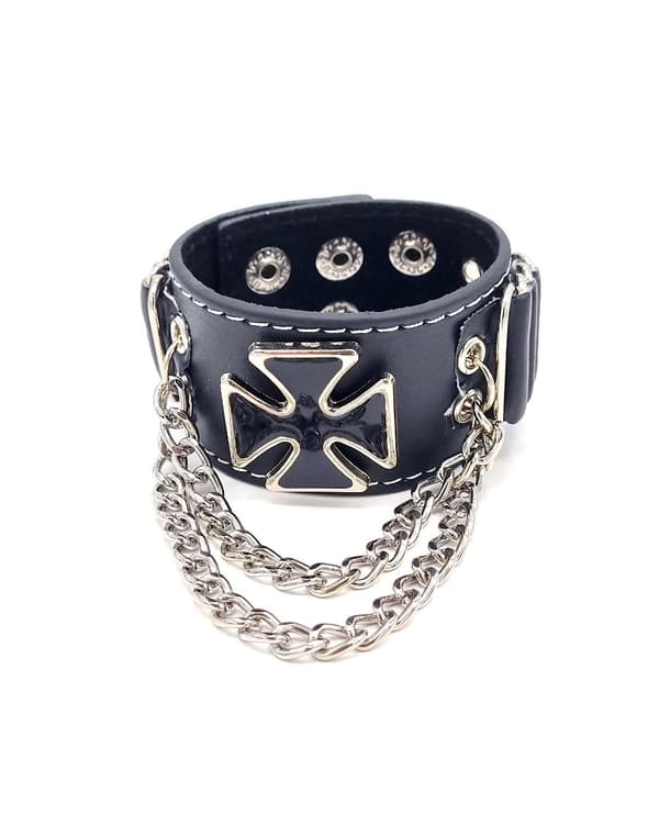 Svart armbånd med malteserkors og lenker