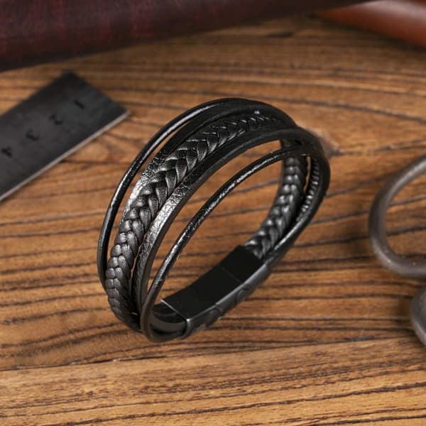 INF Flätat läderarmband för män Svart