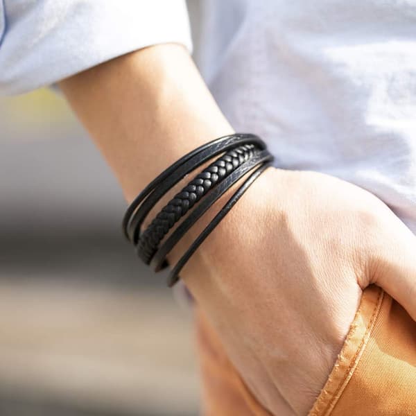 INF Flätat läderarmband för män Svart