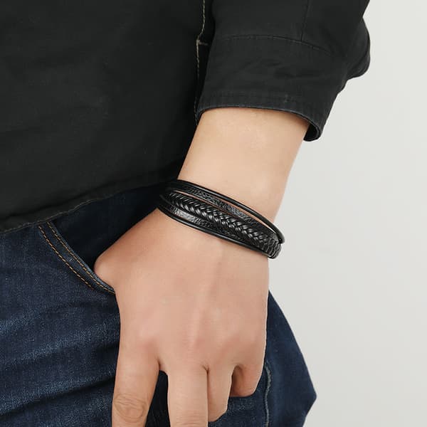 INF Flätat läderarmband för män Svart