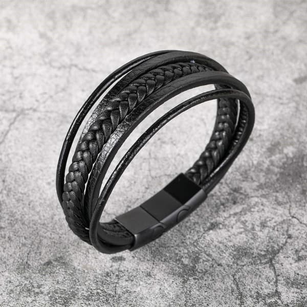 INF Flätat läderarmband för män Svart