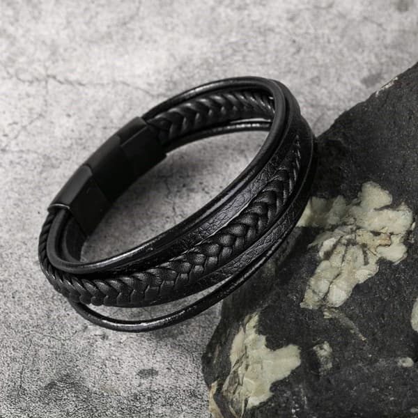 INF Flätat läderarmband för män Svart