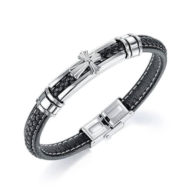 Bracelet in vegan leather & retro cross with stainless steel details