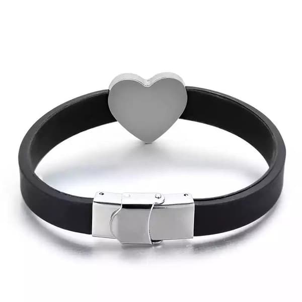 Armband i Svart & Silver - Rostfritt Stål & Läder -Blankt Hjärta
